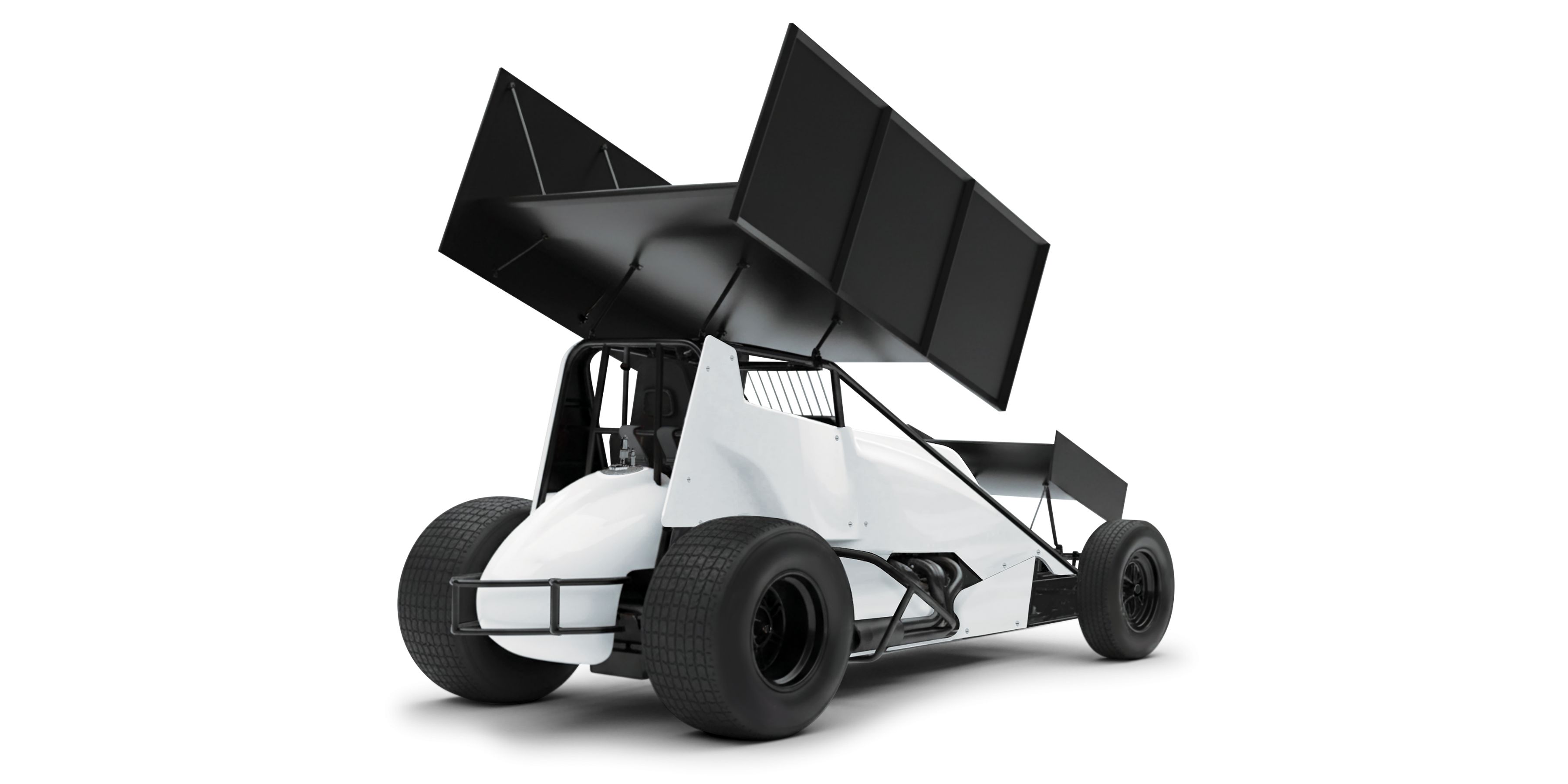 A close-up side view of a complete white Five Star sprint car body kit, showing the precise fitment of the nose, hood, and side panels in a workshop.