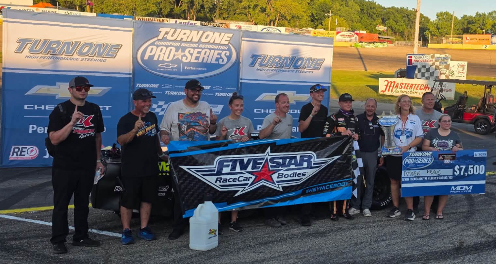 Chris Wiess and Five Star Race Car Bodies celebrating customer success in Victory Lane
