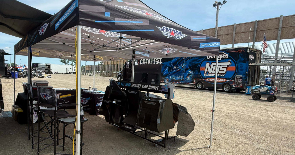 Five Star Sprint Car display and merchandise trailer at Wilmot Raceway